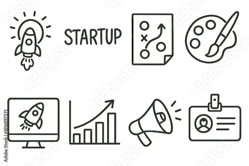 Startup Icon Set. Startup Branding set of icons in doodle hand-drawn vector style. concept logo, typography sample, marketing plan, brand palette, product demo, awareness growth