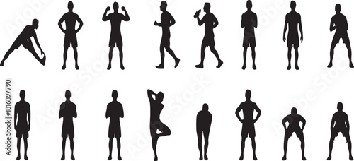 Silhouette of people doing different exercises set of black silhouettes of men and women doing sports, yoga, running, stretching