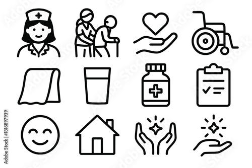 Caregiving Icons Set. Caregiving linear icon set. nurse, elderly person, helping hand, heart, wheelchair, blanket, water glass, medicine bottle, clipboard, smile, house, comfort