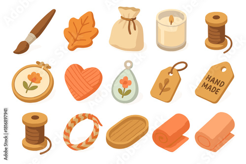 Craft Supplies Icons. Creative Keepsakes flat icon set : paintbrush, clay ornament, linen bag, candle jar, embroidered hoop, wool heart, glass charm, handmade tag, thread spool
