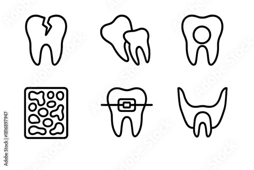 Dental Radiographic Icons. Radiographic Findings Set linear icon set: fractured tooth, impacted wisdom tooth, abscess spot, bone density pattern, orthodontic bracket view, sinus