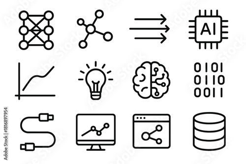 AI Technology Icons. Deep learning linear icon set: network layer, neuron, data flow, processor, chart curve, light bulb, AI brain, binary code, cable, monitor, insight graph