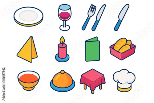Fine Dining Icons. Fine dining essentials flat icons set. plate, wine glass, silver fork, knife, napkin, candle, menu, bread basket, soup bowl, cloche, tablecloth, chef hat