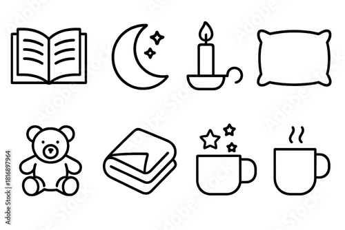Bedtime Story Icons. Bedtime Tales linear icon set: open book, moon, candle, pillow, teddy bear, stars, blanket, bedtime cup