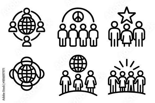 Global Unity Icons. Global Unity linear icon set: globe icon, interconnected lines, peace arc, diverse figures, unity star, shared horizon, world link, collective beam