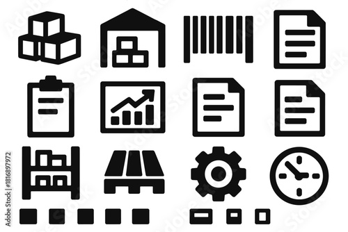 Bold Stock Management Icons. Stock Management silhouette icon set: boxes, warehouse, barcode, clipboard, chart, document, shelf, pallet, container, calculator, gear, clock