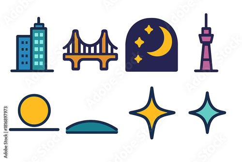 Vibrant City Icons. Downtown Cityscape Symbols flat icon set: tall buildings, bridge outline, night sky, starry glow, tower, horizon line, moon, sparkle