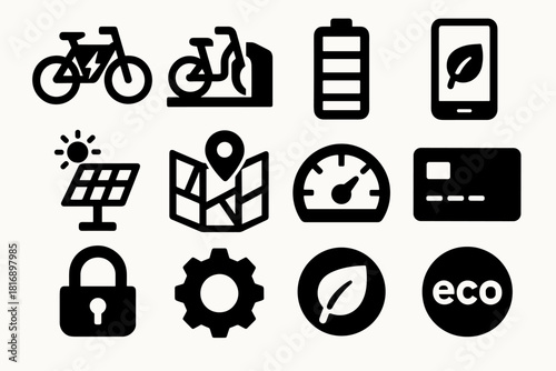 Brutalist Cycling Icons. Sustainable urban cycling silhouette icon set: electric bicycle, dock, battery, phone app, solar charger, map, pin icon, speed gauge, payment card, lock