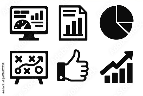 Brutalist Business Icons. Business Decision Making silhouette icon set: KPI dashboard, report document, pie chart, strategy board, approval icon, financial growth arrow