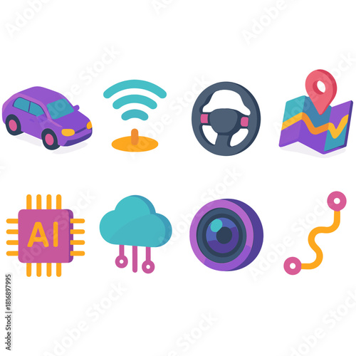 Isometric Self-Driving Icons. Self-Driving Systems flat icons set. electric car, radar sensor, steering-free wheel, GPS map, AI chip, data cloud, camera lens, route line