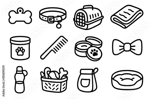 Pet Accessories Icons. Pet Accessories linear icon set. custom name tag, matching collar and leash, travel carrier, cozy blanket, food storage tin, grooming comb, paw balm, bowtie
