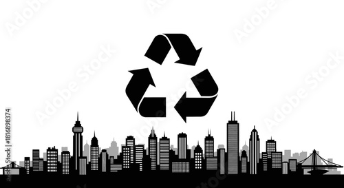 Inspiring cityscape silhouette embraces global recycling symbol for a sustainable urban future and eco friendly living