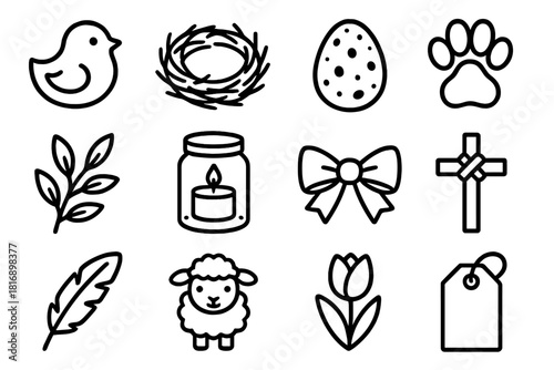 Easter Icons Collection. Easter Holiday Details linear icon set: peep chick, moss nest, speckled egg, bunny paw print, leafy branch, candle jar, decorative ribbon, feather quill