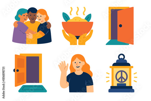 Community Compassion Icons. Compassion in Community flat icon set: group embrace, shared meal bowl, open door, welcome mat, friendly wave, peace lantern