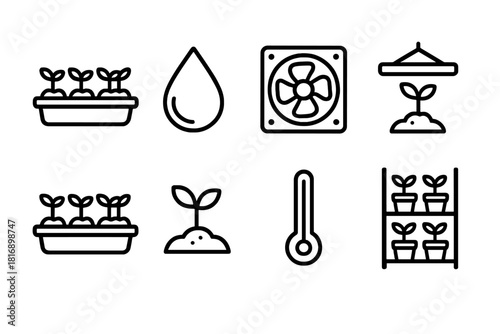 Greenhouse Seedling Icons. Greenhouse Seedlings linear icon set: tray, droplet, fan, grow light, plant, soil, thermometer, shelf
