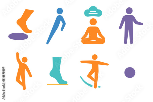 Mindful Movement Icons. Mindful Movement Elements flat icon set: intentional step, gentle tilt line, steady inhale icon, relaxed posture silhouette, slow arm glide, grounding heel
