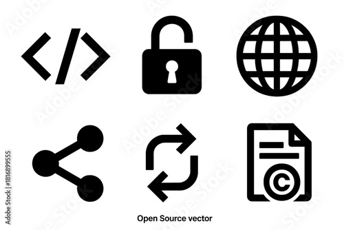 Brutalist Open Source Icons. Open Source silhouette icon set. code brackets, open lock, globe icon, shared repository, contribution arrows, license document.