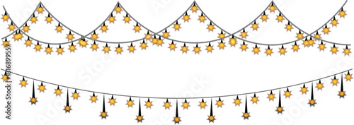 Two strings of decorative yellow starshaped string lights with glowing effect isolated on transparent background for celebration