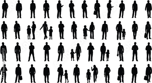 Black Silhouette Vector Set of Diverse Adult Figures and Families Standing in Various Poses for Architectural Drawings, Urban Planning, and Crowd Simulation Designs, Isolated on White Background.