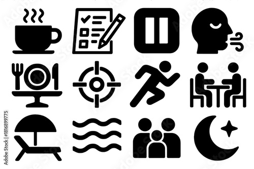 Balanced Routine Icons. Labor Day Balanced Routine Icons silhouette icon set: calm morning cup, structured plan, mid-day pause, mindful breath, lunch table, focus icon, activity