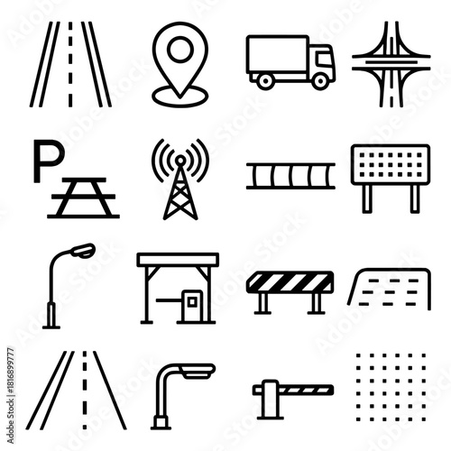 Highway Intersection Icons. Modern Road Systems linear icon set. multilane highway, GPS pin, truck, interchange, rest stop, signal tower, median strip, digital signboard, street