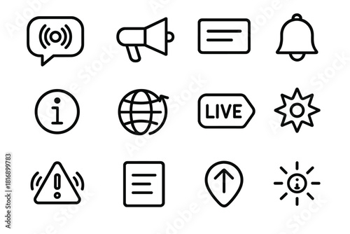 News Update Icons. News Update Icons linear icon set: broadcast bubble, announcement lines, headline card, notification bell, info arrow, current-event symbol, live update tag, new