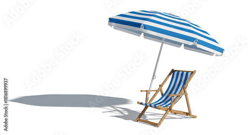 Dreamy beach getaway with blue striped umbrella and chair for summer relaxation
