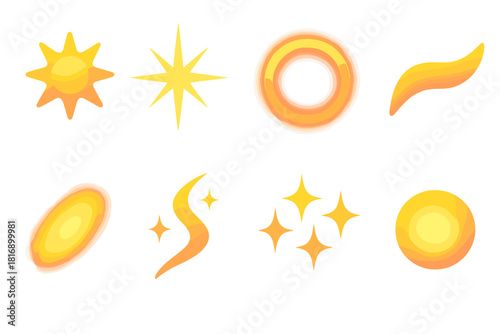 Celestial Glow Icons. Celestial Luminosity Symbols flat icons set. glowing sun, starburst, radiant halo, flare wave, luminous glow, shimmer trail, sparkle cluster, glowing orb