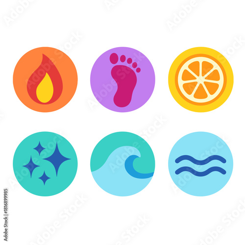 Vibrant Wellness Icons. Wellness flat icon set: centered circle, soft flame, mindful step, fresh fruit slice, wellness spark, soothing wave