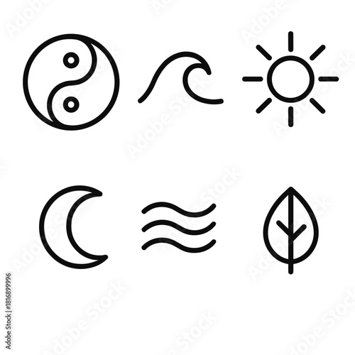 Yin-Yang Icon Harmony. Emotional Balance linear icon set: yin-yang, wave, sun, moon, breath line, leaf