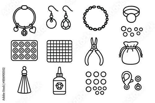 DIY Jewelry Icons. DIY Accessory Crafting linear icon set: charm bracelet, earring pair, necklace chain, ring blank, bead organizer, craft mat, wire loop tool, color beads, tassel