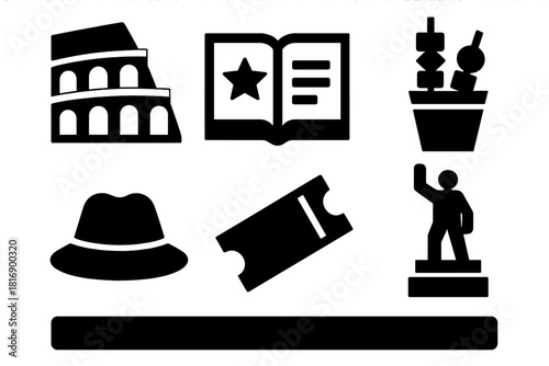 Cultural Icon Set. Cultural Exploration silhouette icon set. landmark, guidebook, street food, hat, ticket, monument