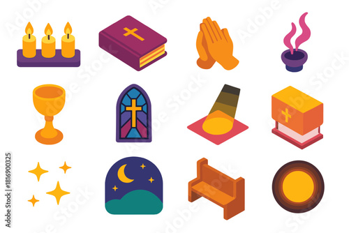 Evening Worship Icons. Evening Worship flat icons set. candle row, hymn book, folded hands, incense smoke, chalice, church window, light reflection, altar cloth, stars, calm night