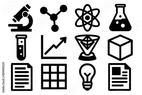 Brutalist Science Icons. Scientific Publication silhouette icon set. microscope, molecular model, atom, lab flask, test tube, graph chart, hologram, 3D cube, document page, data