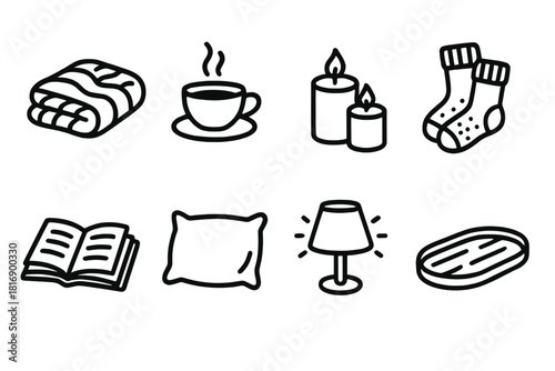 Hygge Essentials Icons. Cozy Hygge Moments linear icon set. wool blanket, steaming tea, candles, knitted socks, open book, soft pillow, warm light, wooden tray