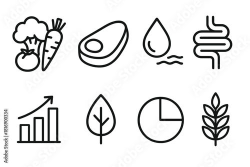Holistic Pet Nutrition Icons. Holistic Pet Nutrition Set linear icon set: fresh veggies, lean protein slice, whole-grain icon, hydration line, digestive health symbol, energy bar