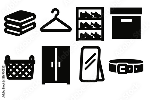Brutalist Closet Icons. Closet Organization Set silhouette icon set. folded clothes, hanger, shoe rack, storage box, basket, wardrobe, mirror, belt.