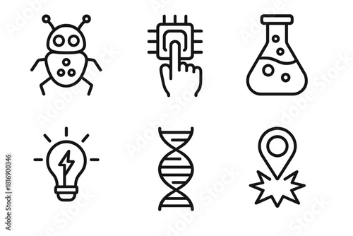 Biotech Icons Set. Biotech Future Set linear icon set: nano-bot, bio-digital interface, futuristic flask, innovation spark, evolving helix, breakthrough marker