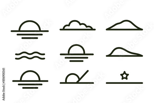 Sunset Icon Series. Sunset Atmosphere Set linear icon set: sinking sun arc, glowing horizon line, soft cloud band, calm water ripple, distant hill silhouette, warm sky gradient