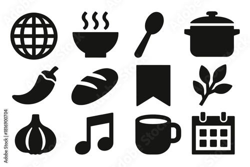 Global Soup Icons. Global Soup Event silhouette icon set. globe, bowl, spoon, pot, chili pepper, bread, herbs, garlic, banner, music note, cup, calendar