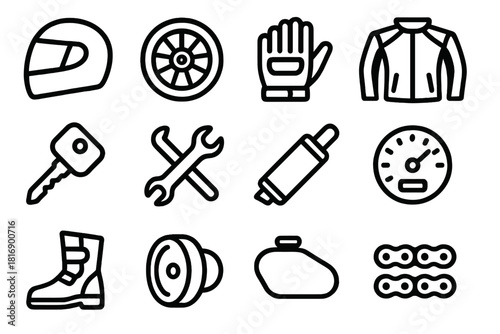 Motorbike Essentials Icons. Motorbike Essentials linear icon set: helmet, wheel, gloves, jacket, key, wrench, exhaust, speedometer, boots, light, fuel tank, chain