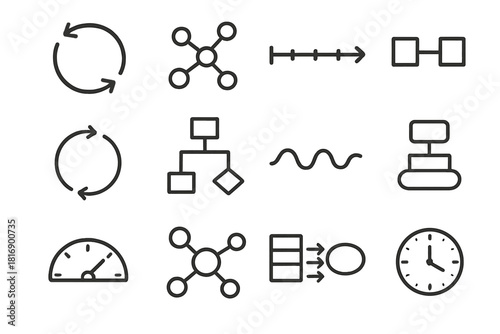 System Dynamics Icons. System Dynamics set of icons in doodle hand-drawn vector style. circular arrows, interconnected nodes, timeline, process icon, feedback loop, flowchart, wave