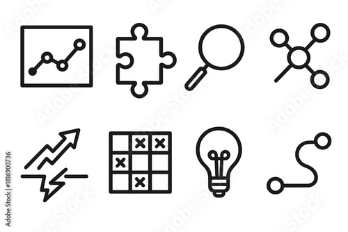 Analytical Insight Icons. Analytical Insight Symbols linear icon set: data graph, puzzle piece, magnifying lens, concept nodes, breakthrough arrow, logic grid, key idea, open path