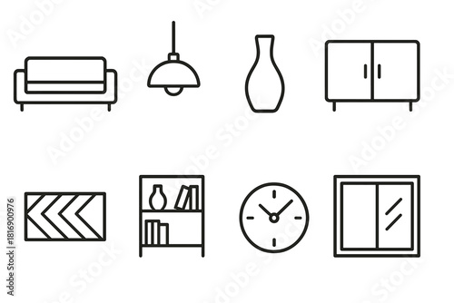 Minimalist Living Space. Modern Minimalist Home linear icon set: low-profile sofa, pendant light, glass vase, sleek cabinet, geometric rug, open shelving, wall clock, clean window