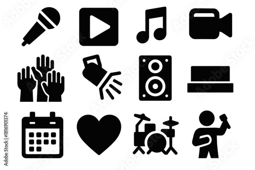Brutalist Entertainment Icons. Live Entertainment silhouette icon set. microphone, play icon, music note, video camera, crowd hands, spotlight, speaker, stage platform, calendar