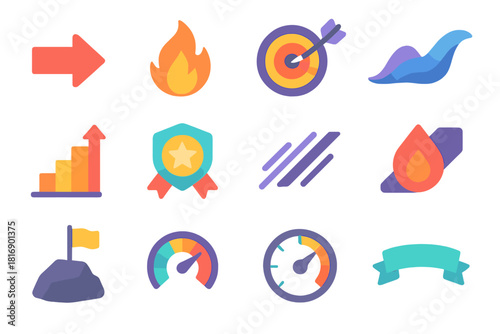 Vibrant Icon Design. Driven Focus flat icon set: forward arrow, burning spark, precision dart, momentum wave, progress ladder, ambition badge, direction lines, target ring, fuel