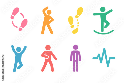 Vibrant Movement Icons. Body Movement flat icon set: dance steps, stretch figure, footstep trail, balance curve, jumping silhouette, arm sweep, posture line, active pulse