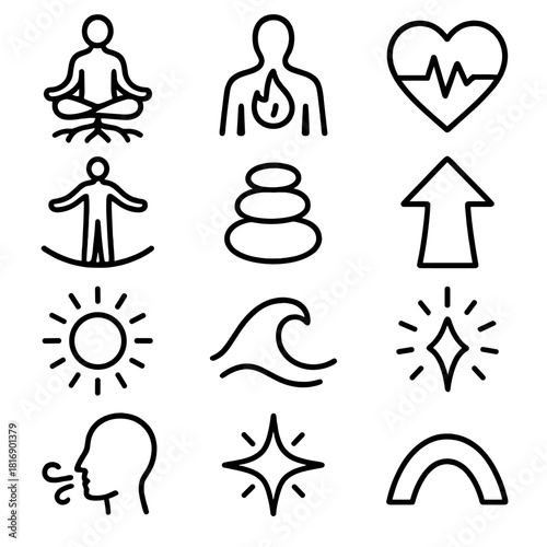 Resilience Symbol Set. Labor Day Personal Resilience Set linear icon set: rooted figure, inner flame, strong pulse, balanced arc, calm stone, determination arrow, gentle glow