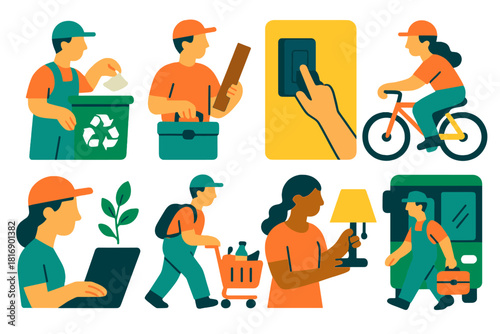 Sustainable Labor Day Icons. Labor Day sustainable work actions flat icon set: reducing waste, reusing materials, conserving energy, biking to work, paperless workflow, mindful