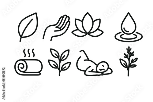 Wellness Icons Collection. Recovery & Wellness linear icon set: nature leaf, open palm, yoga lotus, essential oil drop, water ripple, warm towel, herbal plant, resting figure